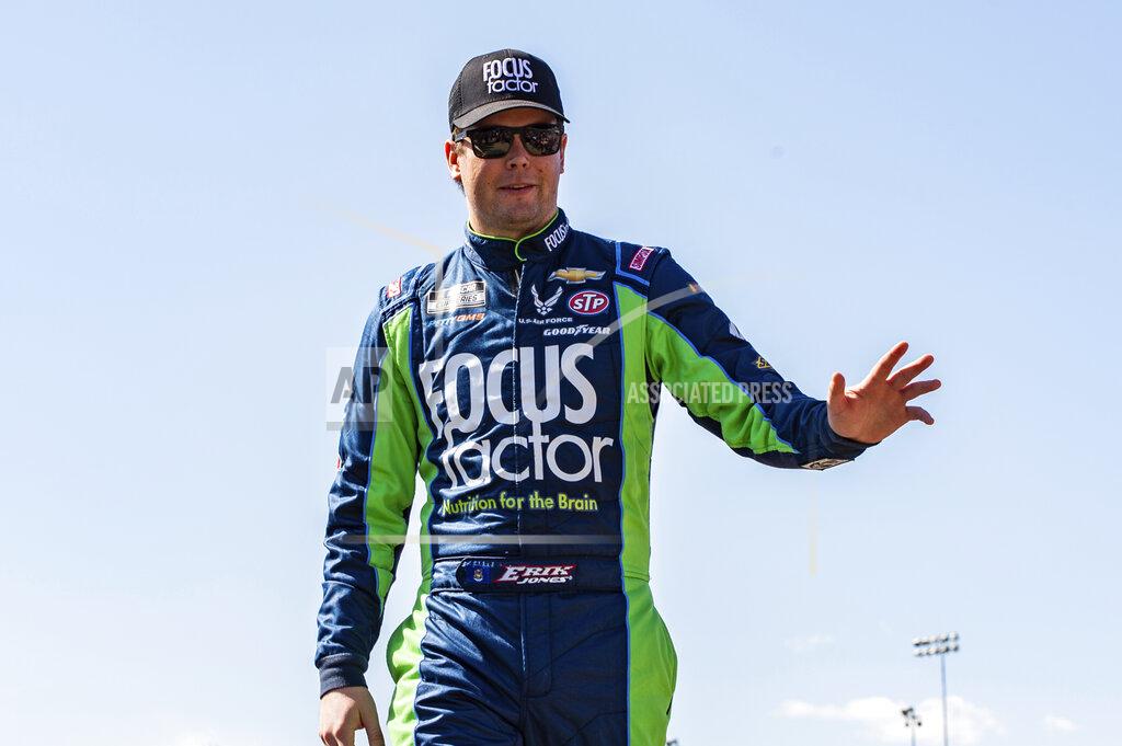Mike Caudill Erik Jones is introduced during driver introductions at a NASCAR Cup Series auto race at Richmond Raceway on Sunday, April 3, 2022, in Richmond, Va. (AP Photo/Mike Caudill)