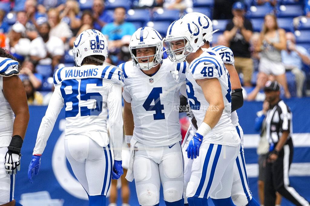 Aj Mast Indianapolis Colts quarterback Sam Ehlinger (4) celebrates after a two-point conversion against the Carolina Panthers during the second half of an NFL football game in Indianapolis, Sunday, Aug. 15, 2021. (AP Photo/AJ Mast)