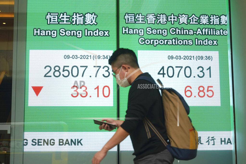 A man wearing a face mask to help curb the spread of the coronavirus walks past a bank's electronic board showing the Hong Kong share index in Hong Kong, Tuesday, March 9, 2021. Asian shares were mixed Tuesday, cheered by the imminent passage of the U.S. stimulus package, although that optimism was tempered by worries about inflation and the coronavirus pandemic. (AP Photo/Kin Cheung)