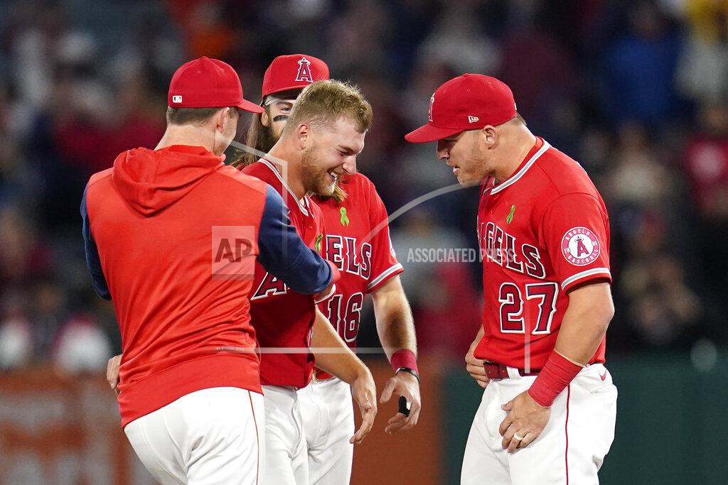 Ashley Landis Los Angeles Angels starting pitcher Reid Detmers (48) celebrates with Mike Trout (27) after throwing a no hitter against the Tampa Bay Rays in a baseball game in Anaheim, Calif., Tuesday, May 10, 2022. The Angels won 12-0. (AP Photo/Ashley Landis)