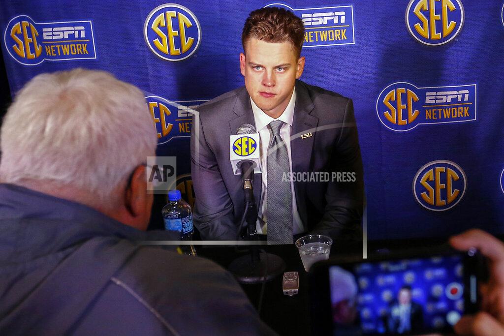LSU quarterback Joe Burrow speaks during the NCAA college football Southeastern Conference Media Days, Monday, July 15, 2019, in Hoover, Ala. (AP Photo/Butch Dill)