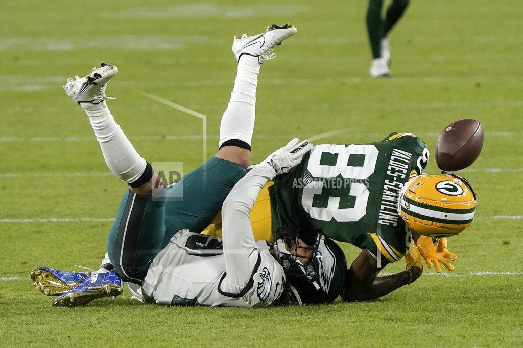 Morry Gash Green Bay Packers' Marquez Valdes-Scantling can't catch a pass with Philadelphia Eagles' Avonte Maddox defending during the second half of an NFL football game Sunday, Dec. 6, 2020, in Green Bay, Wis. (AP Photo/Morry Gash)