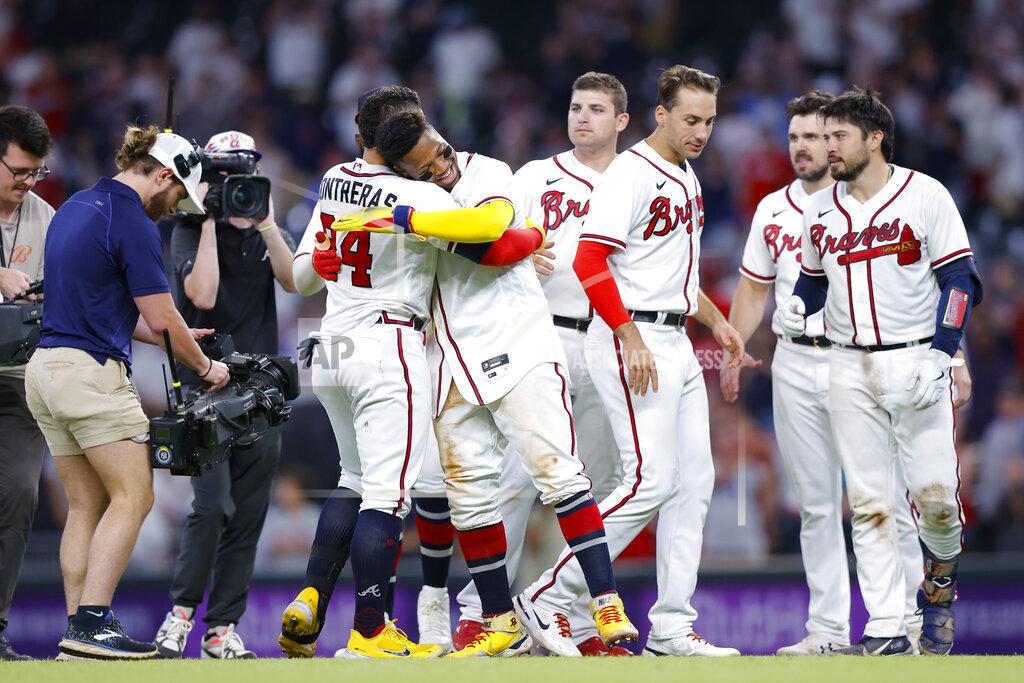 Todd Kirkland Atlanta Braves William Contreras (24) reacts with Ronald Acuna Jr. after his game winning single in the ninth inning of a baseball game against the Philadelphia Phillies, Tuesday, May 24, 2022, in Atlanta. (AP Photo/Todd Kirkland)
