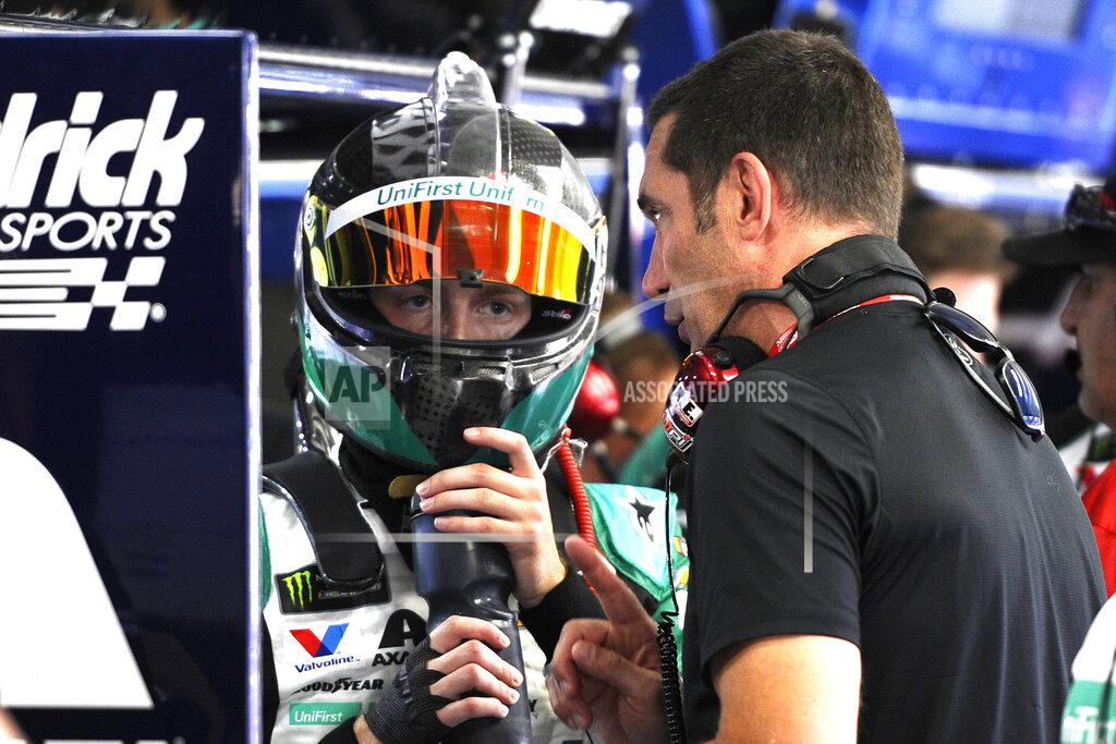 Mike Mccarn William Byron, left, prepares to practice for Sunday's NASCAR Cup Series auto race at Charlotte Motor Speedway in Concord, N.C., Saturday, Sept. 28, 2019. Byron won the pole for Sunday's race. (AP Photo/Mike McCarn)