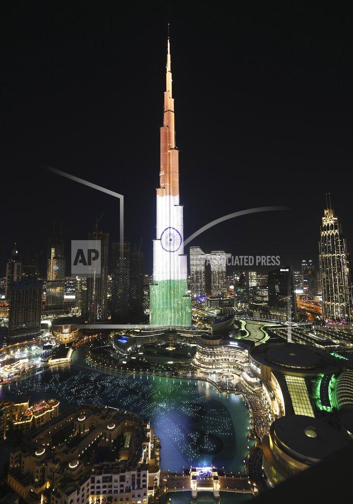 Kamran Jebreili Dubai celebrates the new year in India by reflecting their national flag on the Burj Khalifa, the world's tallest building, to mark New Year in Dubai, United Arab Emirates, Friday, Jan. 1, 2021. (AP Photo/Kamran Jebreili)