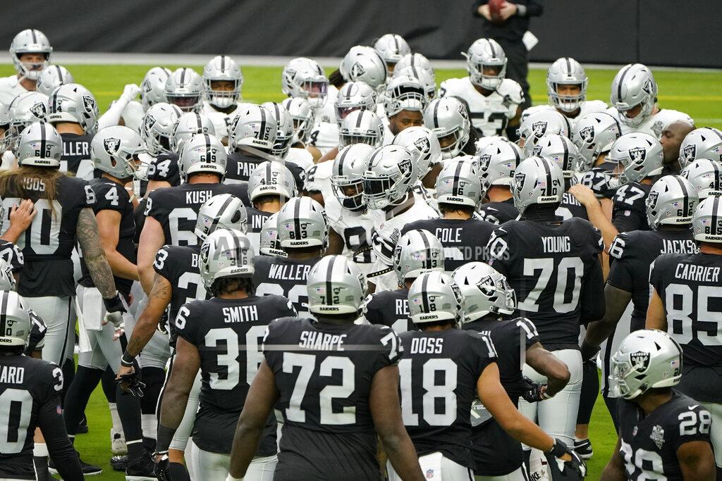 John Locher Las Vegas Raiders players gather during an NFL football training camp practice Friday, Aug. 28, 2020, in Las Vegas. (AP Photo/John Locher)