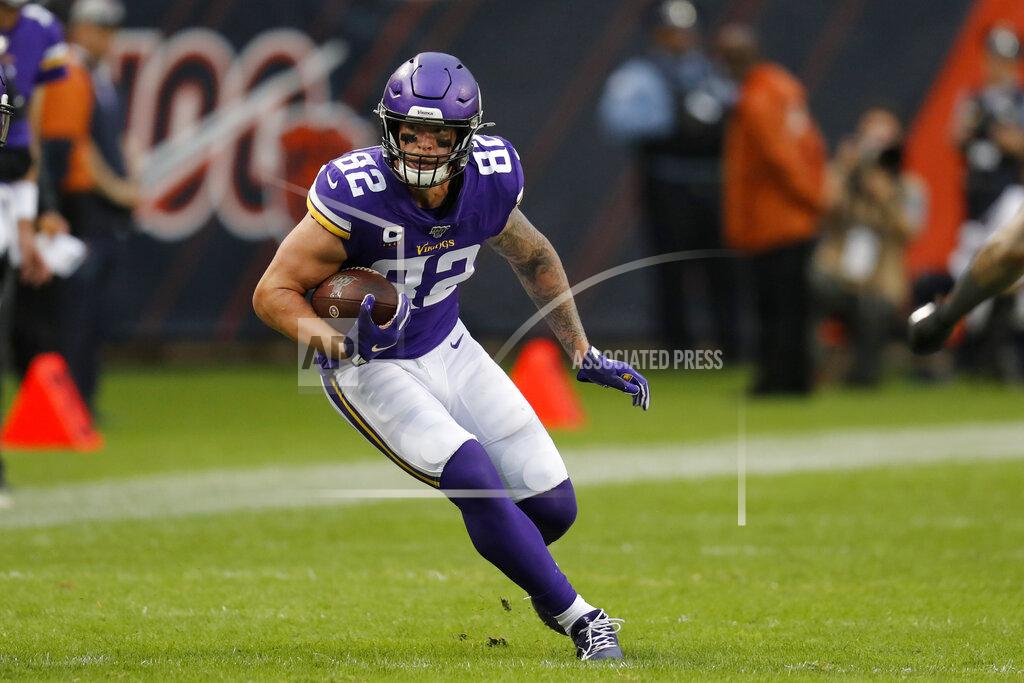 Charles Rex Arbogast Minnesota Vikings tight end Kyle Rudolph runs with the ball during the second half of an NFL football game against the Chicago Bears Sunday, Sept. 29, 2019, in Chicago. (AP Photo/Charles Rex Arbogast)