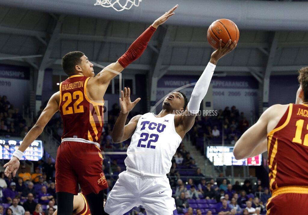 Tony Gutierrez Iowa State guard Tyrese Haliburton (22) and forward Michael Jacobson, right defend against a shot by TCU guard RJ Nembhard (22) in the second half of an NCAA college basketball game in Fort Worth, Texas, Saturday, Feb. 23, 2019. (AP Photo/Tony Gutierrez)