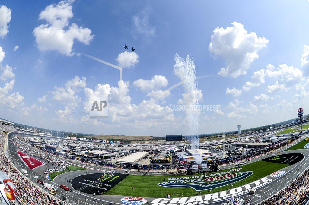 Mike Mccarn CORRECTS DAY TO SUNDAY Two F-15E Strike Eagles perform a Fly By prior to the start of a NASCAR Cup Series auto race at Charlotte Motor Speedway Sunday, Sept. 29, 2019 in Concord, N.C. (AP Photo/Mike McCarn)