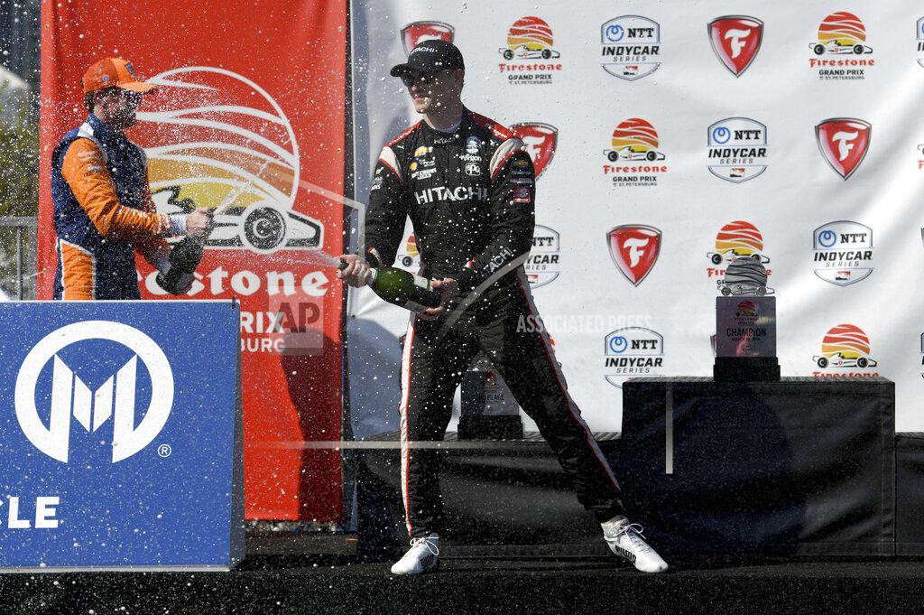 Jason Behnken Team Penske driver Josef Newgarden, of the United States, celebrates after winning the IndyCar Firestone Grand Prix of St. Petersburg (Fla.) auto race Sunday, March 10, 2019, in St Petersburg, Fla. (AP Photo/Jason Behnken)