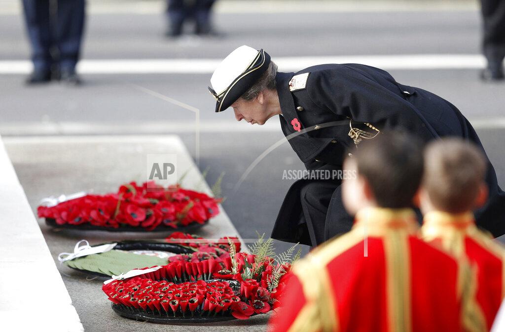 Peter Nicholls Britain's Princess Anne lays a wreath, during the Remembrance Sunday service at the Cenotaph, in Whitehall, London, Sunday Nov. 8, 2020. (Peter Nicholls/Pool Photo via AP)