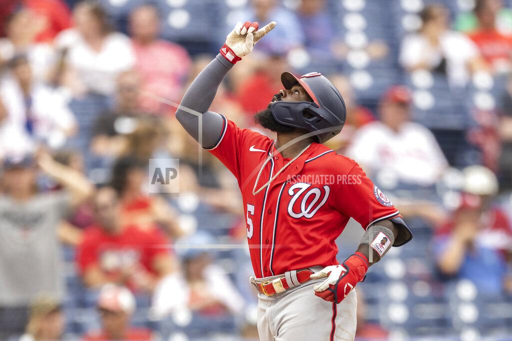 Laurence Kesterson Washington Nationals' Josh Harrison gestures as he approaches home plate after hitting a two-run home run during the second inning of a baseball game against the Philadelphia Phillies, Thursday, July 29, 2021, in Philadelphia in the second game of a doubleheader. (AP Photo/Laurence Kesterson)