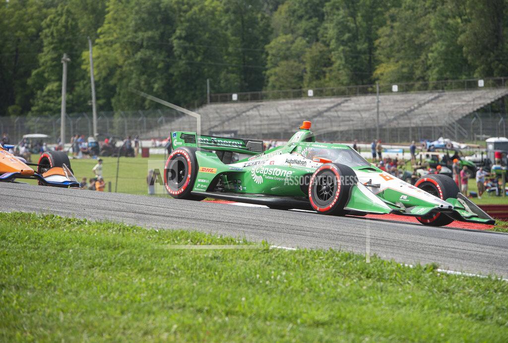 Phil Long Colton Herta (88) holds the lead during an IndyCar Series auto race at Mid-Ohio Sports Car Course, Sunday, Sept. 13, 2020, in Lexington, Ohio. (AP Photo/Phil Long)