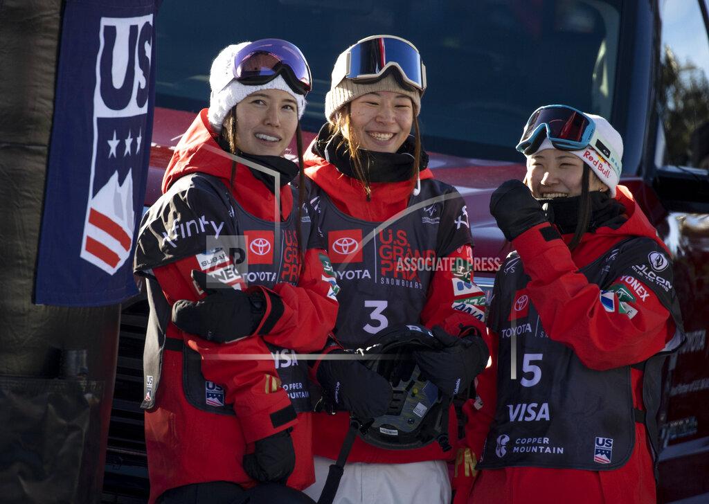 Hugh Carey Japanese snowboarders, from left, Haruna Matsumoto, Ruki Tomita and Mitsuki Ono watch the scores during the halfpipe finals Saturday, Dec. 11, 2021, in the U.S. Grand Prix event at Copper Mountain, Colo. (AP Photo/Hugh Carey)