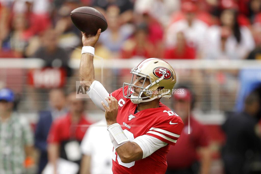Ben Margot San Francisco 49ers quarterback Jimmy Garoppolo passes against the Pittsburgh Steelers during the first half of an NFL football game in Santa Clara, Calif., Sunday, Sept. 22, 2019. (AP Photo/Ben Margot)