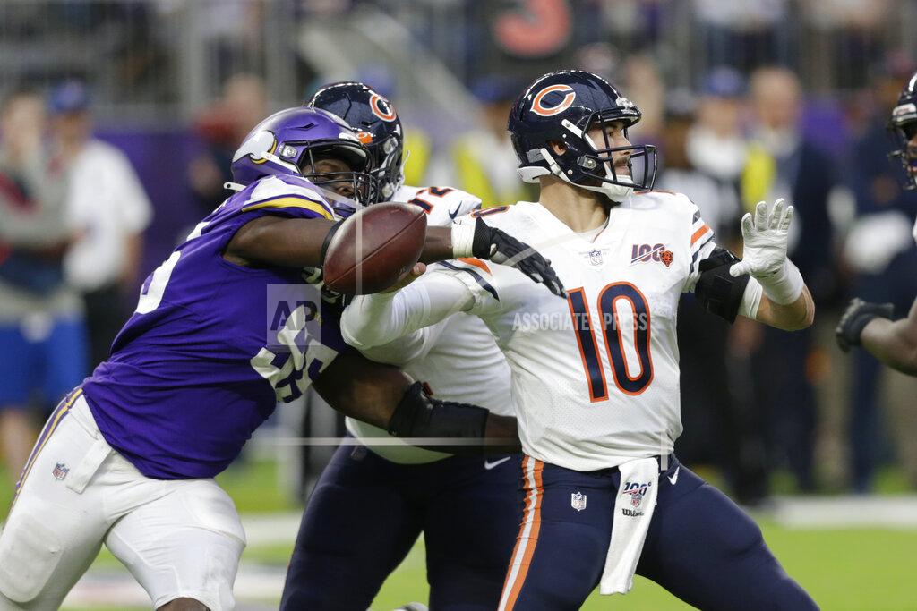 Andy Clayton-King FILE - In this Dec. 29, 2019, file photo, Chicago Bears quarterback Mitchell Trubisky (10) fumbles as he is hit by Minnesota Vikings defensive end Ifeadi Odenigbo, left, during the second half of an NFL football game in Minneapolis. Odenigbo recovered the fumble. Odenigbo's progression from the practice squad accelerated last season with regular playing time and made an even bigger leap forward this spring when stalwart Everson Griffen did not re-sign with the team. (AP Photo/Andy Clayton-King, File)