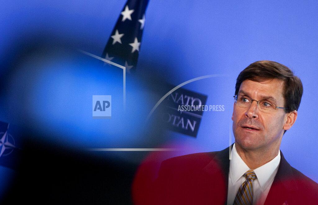 Virginia Mayo U.S. Secretary of Defense Mark Esper speaks during a joint press conference with NATO Secretary General Jens Stoltenberg at NATO headquarters in Brussels, Friday, June 26, 2020. U.S. Secretary of Defense Mark Esper is at NATO to meet with NATO Secretary General Jens Stoltenberg and to follow-up on a broad range of issues raised during last week's NATO defense ministerial. (AP Photo/Virginia Mayo, Pool)