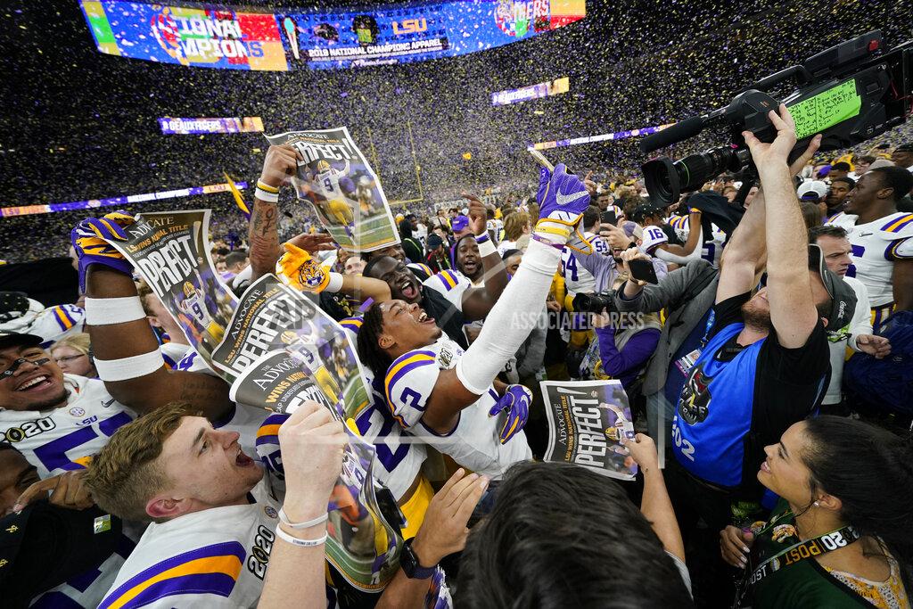LSU celebrates after their win against Clemson in a NCAA College Football Playoff national championship game Monday, Jan. 13, 2020, in New Orleans. (AP Photo/David J. Phillip)