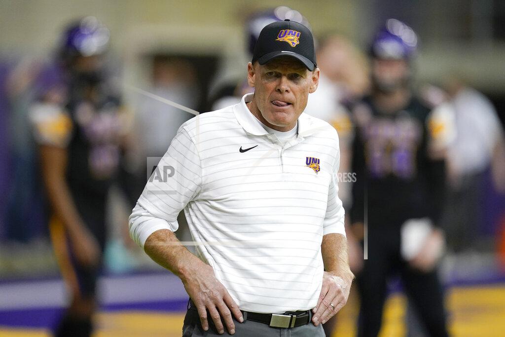 Charlie Neibergall Northern Iowa head coach Mark Farley stands on the field before an NCAA college football game against Southern Illinois, Saturday, Oct. 30, 2021, in Cedar Falls, Iowa. (AP Photo/Charlie Neibergall)