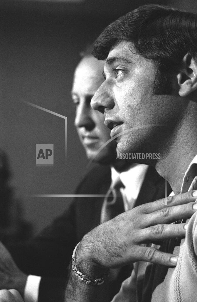 Ron Frehm FILE - In this July 18, 1969, file photo, New York Jets quarterback Joe Namath speaks during a press conference as football commissionr Pete Rozelle, rear, looks on, in New York. Rozelle announced that Namath has decided to sell his half-interest in a New York City nightclub, Bachelors III. The fear was always that the public wouldn’t believe the games were legitimate if there was any hint of scandal. That’s why Paul Hornung and Alex Karras were suspended for a year in 1963 for betting a few hundred dollars on games other teams were playing. It’s why Joe Namath was forced to sell his New York nightclub in 1969 after NFL investigators determined illegal bookies were hanging out there.(AP Photo/Ron Frehm, File)
