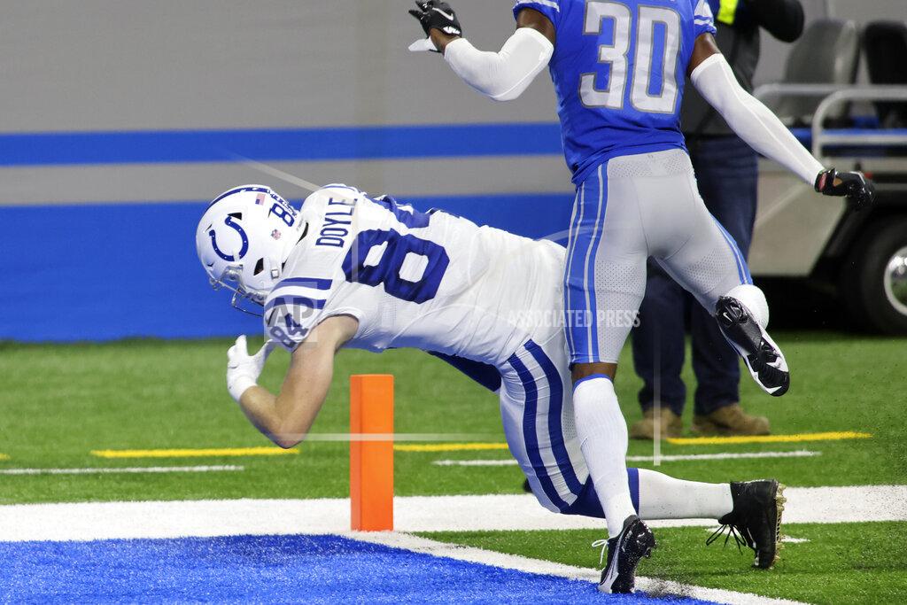 Tony Ding Indianapolis Colts tight end Jack Doyle (84) falls into the end zone for a 7-yard reception for a touchdown during the first half of an NFL football game against the Detroit Lions, Sunday, Nov. 1, 2020, in Detroit. (AP Photo/Tony Ding)