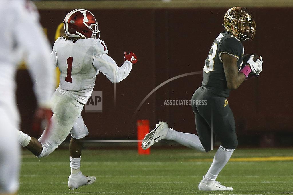 Stacy Bengs Minnesota wide receiver Rashod Bateman runs with the ball to score the game-winning touchdown against Indiana's Juwan Burgess during an NCAA college football game Friday, Oct. 26, 2018, in Minneapolis. Minnesota won 38-31. (AP Photo/Stacy Bengs)