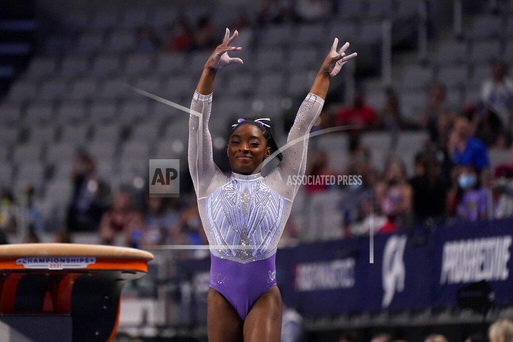 Tony Gutierrez Simone Biles competes in the vault exercise during the U.S. Gymnastics Championships, Friday, June 4, 2021, in Fort Worth, Texas. (AP Photo/Tony Gutierrez)