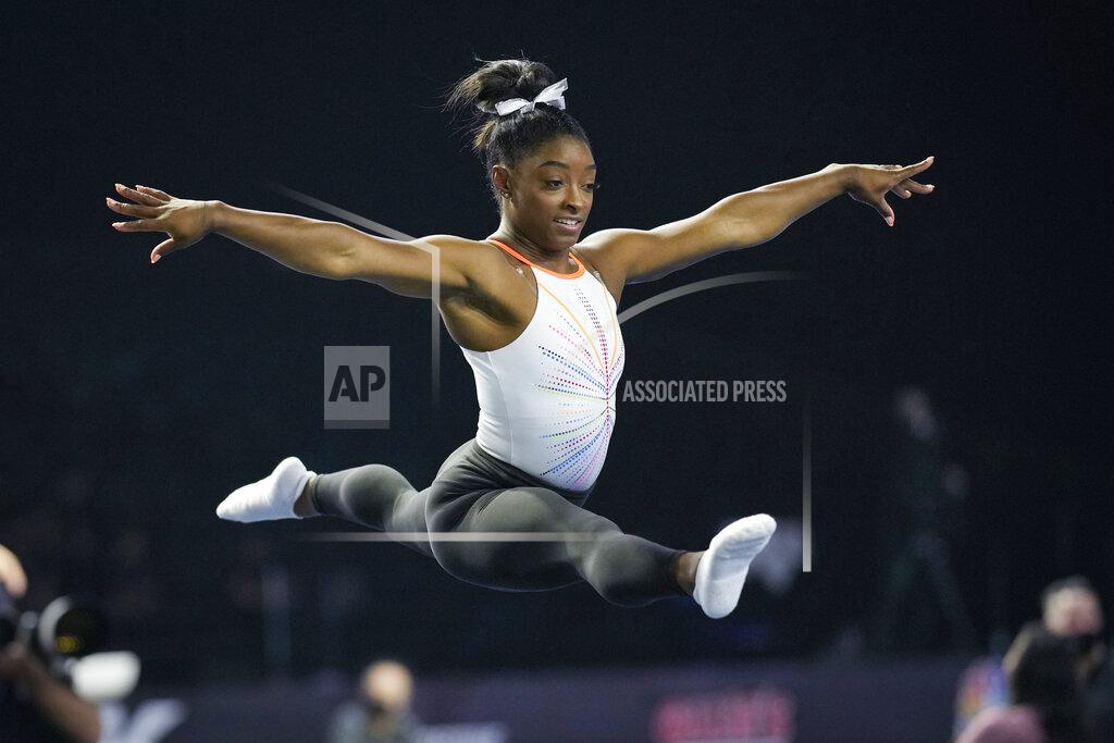 Aj Mast Simone Biles warms up before competing in the U.S. Classic gymnastics competition in Indianapolis, Saturday, May 22, 2021. (AP Photo/AJ Mast)