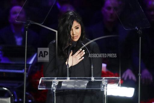 FILE - In this Feb. 24, 2020 file photo Vanessa Bryant speaks during a celebration of life for her husband Kobe Bryant and daughter Gianna in Los Angeles. According to court documents, Vanessa Bryant said she pleaded with the Los Angeles County sheriff to make sure no one takes photographs from the site of the 2020 helicopter crash that killed the basketball star, and he reassured that the area had been secured. (AP Photo/Marcio Jose Sanchez, File)