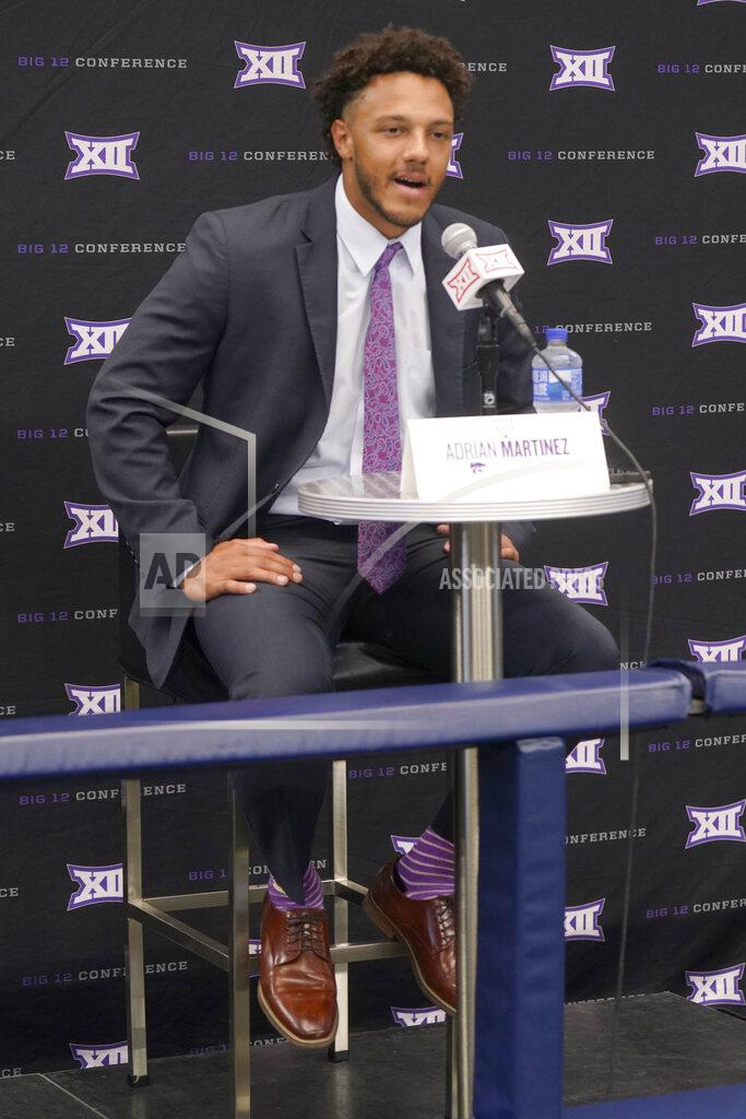 Lm Otero Kansas State quarterback Adrian Martinez speaks to reporters during the NCAA college football Big 12 media days in Arlington, Texas, Wednesday, July 13, 2022. (AP Photo/LM Otero)