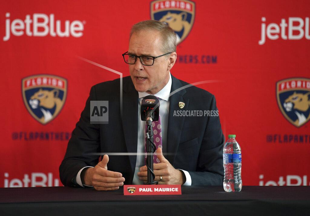 Jim Rassol Paul Maurice, new head coach of the Florida Panthers, responds to questions during an NHL hockey news conference at FLA Live Arena, Thursday, June 23, 2022, in Sunrise, Fla. (AP Photo/Jim Rassol)