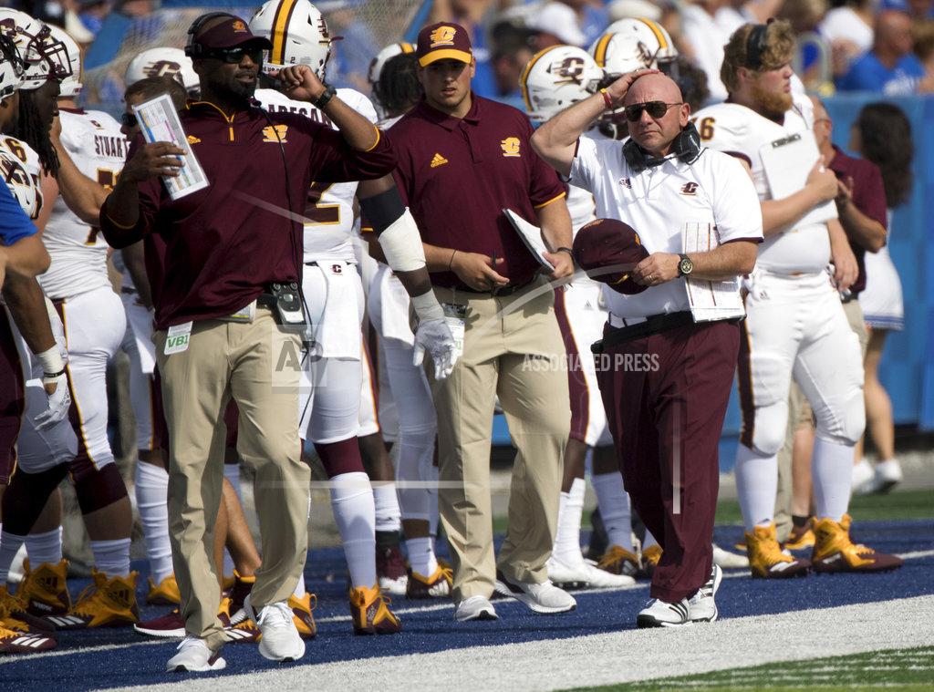 Bryan Woolston Central Michigan head coach John Bonamego, right, paces the sideline during the first half of an NCAA college football game against Kentucky in Lexington, Ky., Saturday, Sept. 1, 2018. (AP Photo/Bryan Woolston)