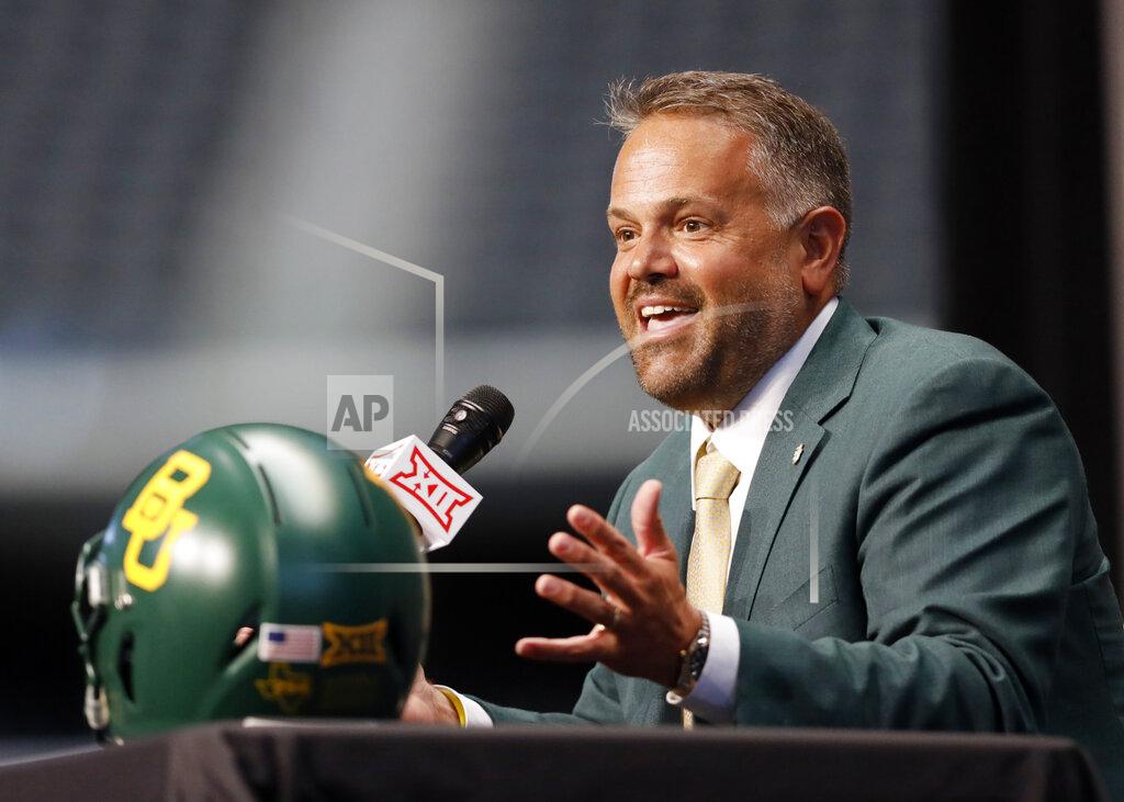 David Kent FILE - In this July 16, 2019, file photo, Baylor head coach Matt Rhule speaks during the Big 12 Conference NCAA college football media day, in Arlington, Texas. Rhule was selected as the AP All-Big 12 Coach of the Year, Friday, Dec. 13, 2019. (AP Photo/David Kent, File)