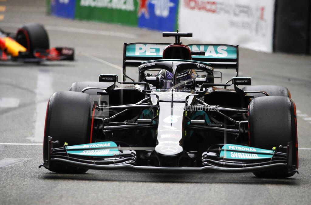 Mercedes driver Lewis Hamilton of Britain steers his car during the qualifying session at the Monaco racetrack, in Monaco, Saturday, May 22, 2021. The Formula One race will take place on Sunday. (AP Photo/Luca Bruno)