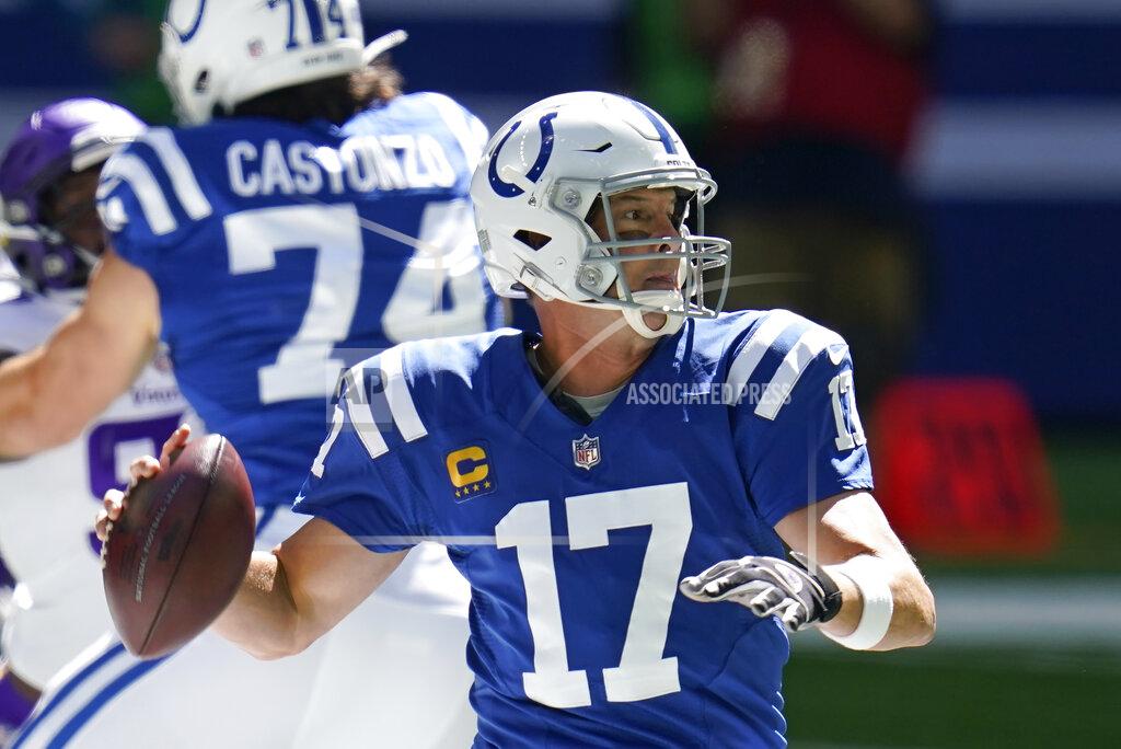 Michael Conroy Indianapolis Colts quarterback Philip Rivers (17) throws during the first half of an NFL football game against the Minnesota Vikings, Sunday, Sept. 20, 2020, in Indianapolis. (AP Photo/Michael Conroy)