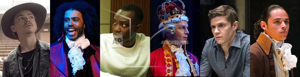 Uncredited This combination of photos shows Emmy nominees for supporting actor in a limited or anthology series or movie, from left, Thomas Brodie-Sangster in "The Queen's Gambit," Daveed Diggs in "Hamilton," Paapa Essiedu in "I May Destroy You," Jonathan Groff in "Hamilton," Evan Peters in "Mare of Easttown," and Anthony Ramos in "Hamilton." (Netflix/Disney+/HBO/Disney+/HBO/Disney+ via AP)