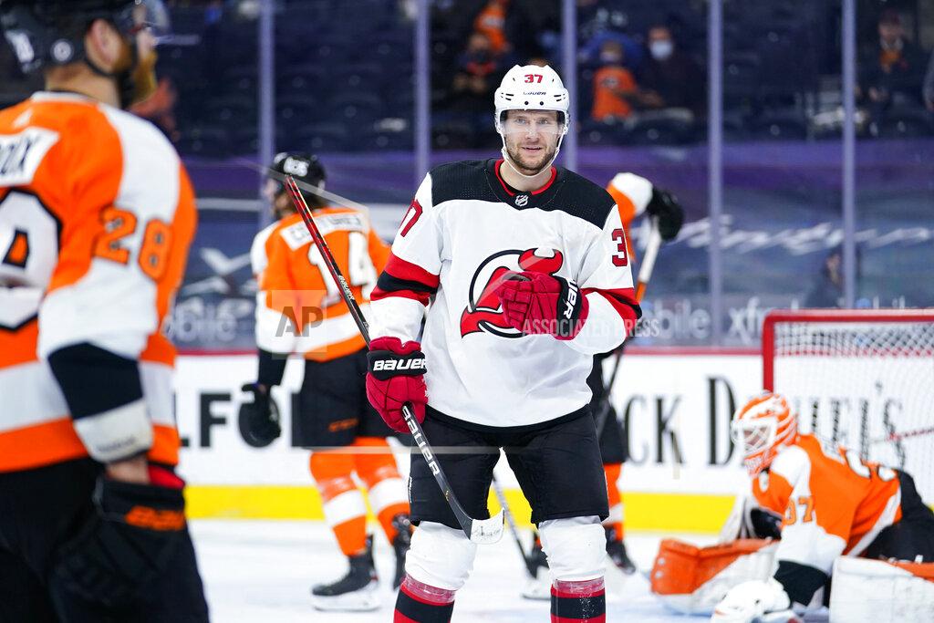 Matt Slocum New Jersey Devils' Pavel Zacha reacts after scoring a goal during the first period of an NHL hockey game against the Philadelphia Flyers, Monday, May 10, 2021, in Philadelphia. (AP Photo/Matt Slocum)