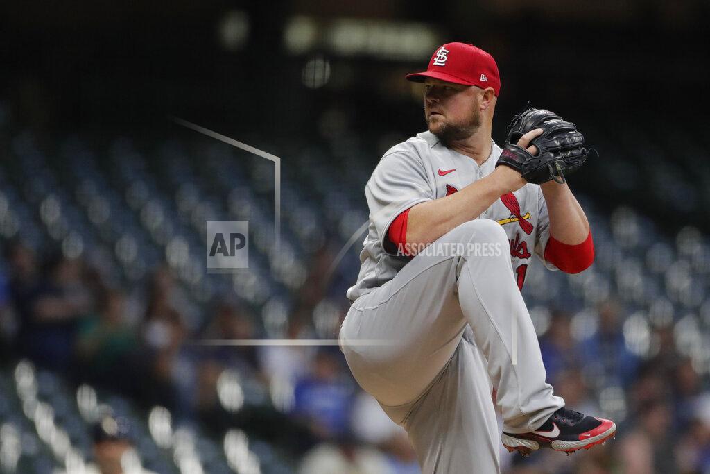 Aaron Gash St. Louis Cardinals' Jon Lester pitches during the first inning of a baseball game against the Milwaukee Brewers, Monday, Sept. 20, 2021, in Milwaukee. (AP Photo/Aaron Gash)