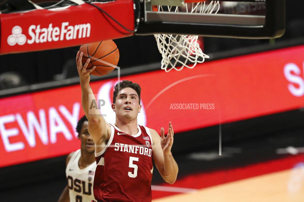 Amanda Loman Stanford's Michael O'Connell (5) drives in to the basket during the first half of an NCAA college basketball game against Oregon State in Corvallis, Ore., Monday, Jan. 4, 2021. (AP Photo/Amanda Loman)