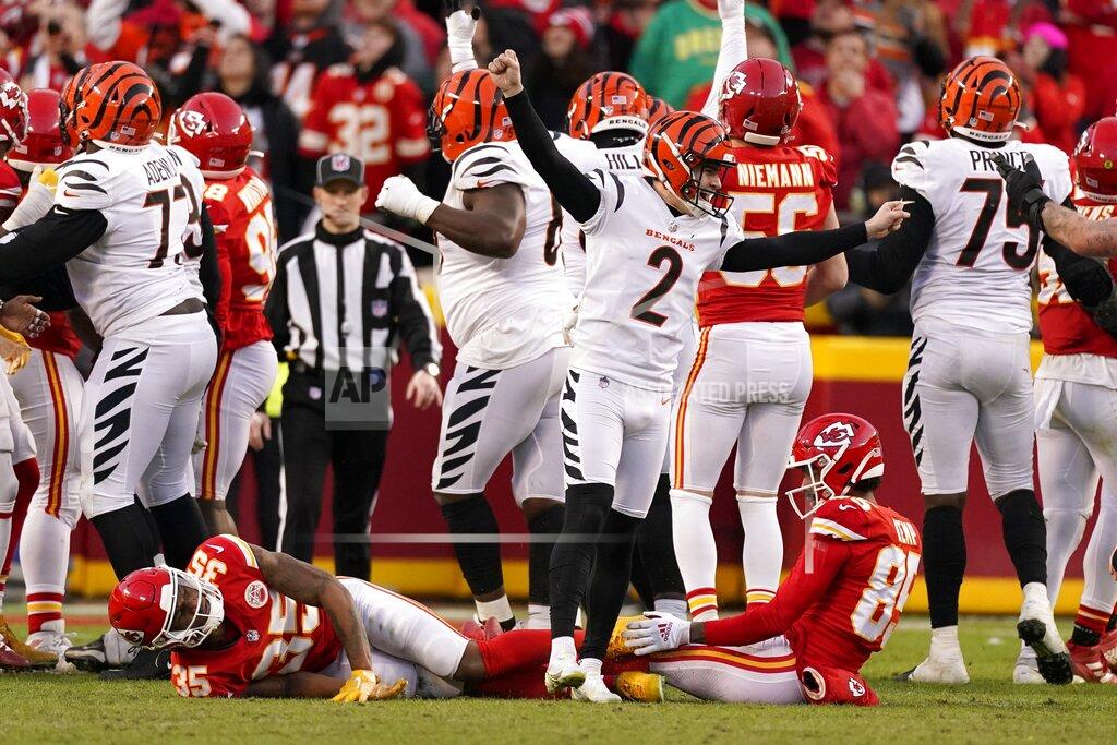 Charlie Riedel Cincinnati Bengals kicker Evan McPherson (2) celebrates after kicking a 31-yard field goal during overtime in the AFC championship NFL football game against the Kansas City Chiefs, Sunday, Jan. 30, 2022, in Kansas City, Mo. The Bengals won 27-24. (AP Photo/Charlie Riedel)