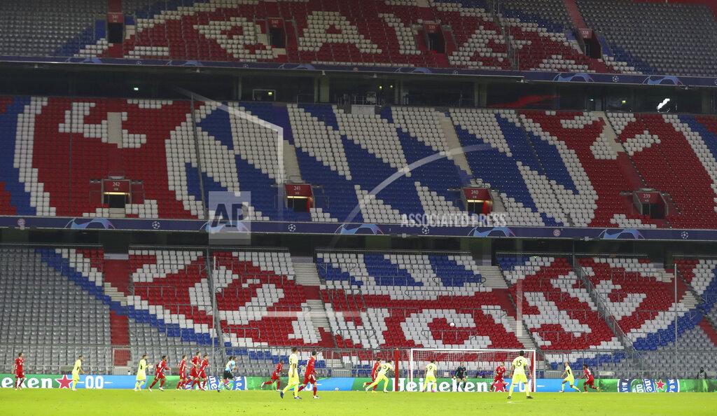 Matthias Schrader Players in action during the Champions League Group A soccer match between Bayern Munich and Atletico Madrid at the empty Allianz Arena in Munich, Germany, Wednesday, Oct. 21, 2020. (AP Photo/Matthias Schrader,Pool)