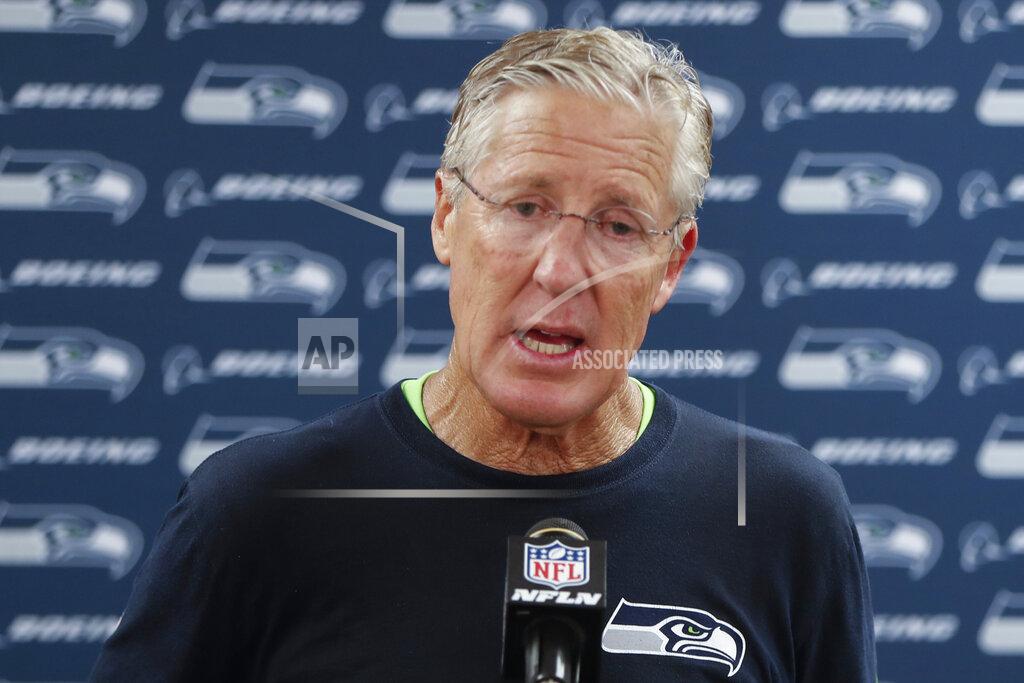 Don Wright Seattle Seahawks head coach Pete Carroll talks to reporters during a news conference after an NFL football game against the Pittsburgh Steelers, Sunday, Sept. 15, 2019, in Pittsburgh. The Seahawks defeated the Steelers 28-26. (AP Photo/Don Wright)