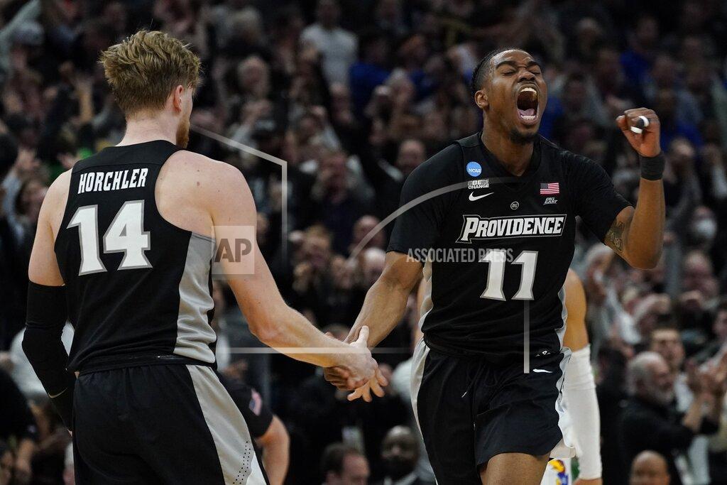 Nam Y. Huh Providence's A.J. Reeves reacts during the second half of a college basketball game in the Sweet 16 round of the NCAA tournament against Kansas Friday, March 25, 2022, in Chicago. (AP Photo/Nam Y. Huh)