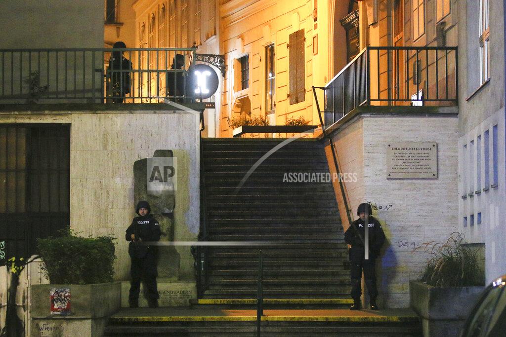 Ronald Zak Police officers stay in position at stairs named 'Theodor Herzl Stiege' near a synagogue after gunshots were heard, in Vienna, Monday, Nov. 2, 2020. Austrian police say several people have been injured and officers are out in force following gunfire in the capital Vienna. Initial reports that a synagogue was the target of an attack couldn't immediately be confirmed. Austrian news agency APA quoted the country's Interior Ministry saying one attacker has been killed and another could be on the run.(Photo/Ronald Zak)