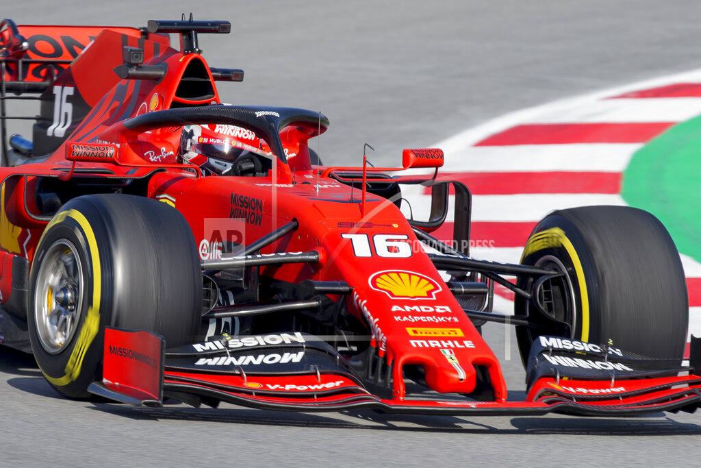 Joan Monfort Ferrari driver Charles Leclerc of Monaco takes a curve during a Formula One pre-season testing session at the Barcelona Catalunya racetrack in Montmelo, outside Barcelona, Spain, Thursday, Feb. 28, 2019. (AP Photo/Joan Monfort)