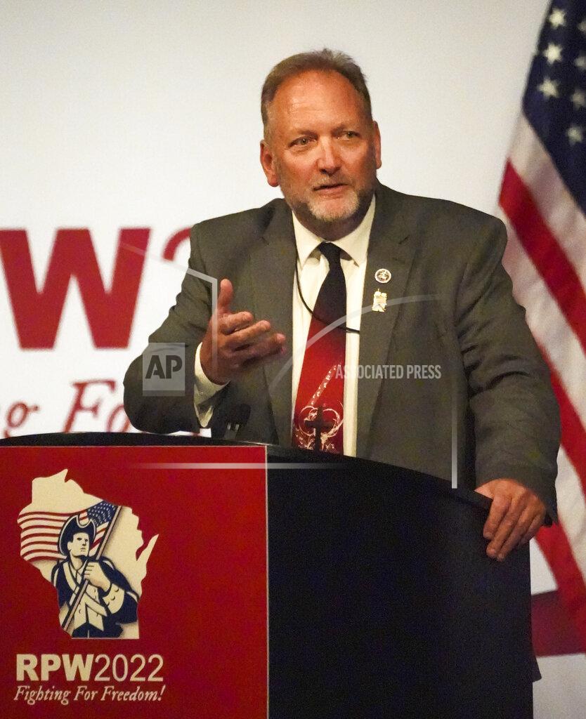 Ebony Cox Republican gubernatorial candidate Tim Ramthun speaks during the Republican State Convention in Middleton, Wis., Saturday, May 21, 2022. (Ebony Cox/Milwaukee Journal-Sentinel via AP)