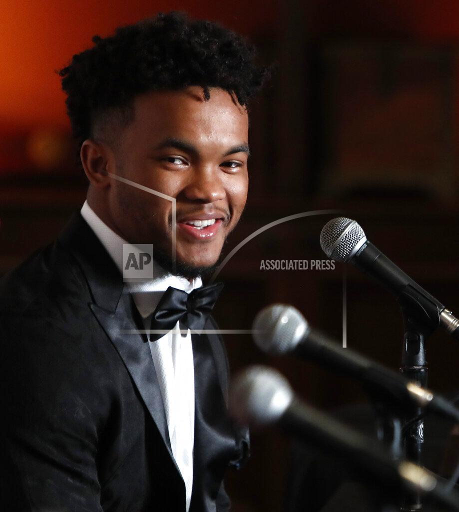 Lm Otero Heisman Trophy winner quarterback Kyler Murray smiles during the Davey O'Brien Award news conference in Fort Worth, Texas, Monday, Feb. 18, 2019. Murray accepted the award in his first public appearance since he announced his plan to pursue an NFL football career rather than report to spring training as a first-round pick of the Oakland A's. (AP Photo/LM Otero)