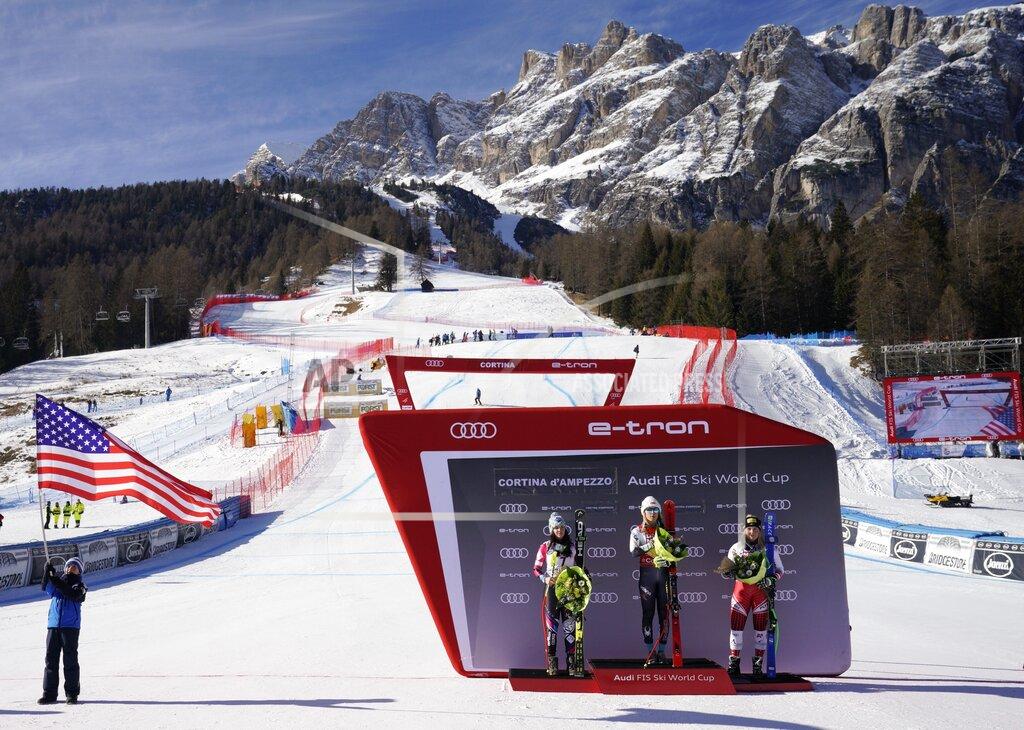 Giovanni Auletta FILE - In this Sunday, Jan. 20, 2019 file photo, United States' Mikaela Shiffrin, center, winner of an alpine ski, women's World Cup super-G, poses on the podium with second placed Liechtenstein's Tina Weirather, left, and third placed Austria's Tamara Tippler, in Cortina D'Ampezzo, Italy. The natural beauty of Cortina will be of special importance at the alpine ski World championships, with organizers hoping that the images from the slopes beamed around the globe to TV viewers will make up for the lack of fans amid the coronavirus pandemic. (AP Photo/Giovanni Auletta, File)