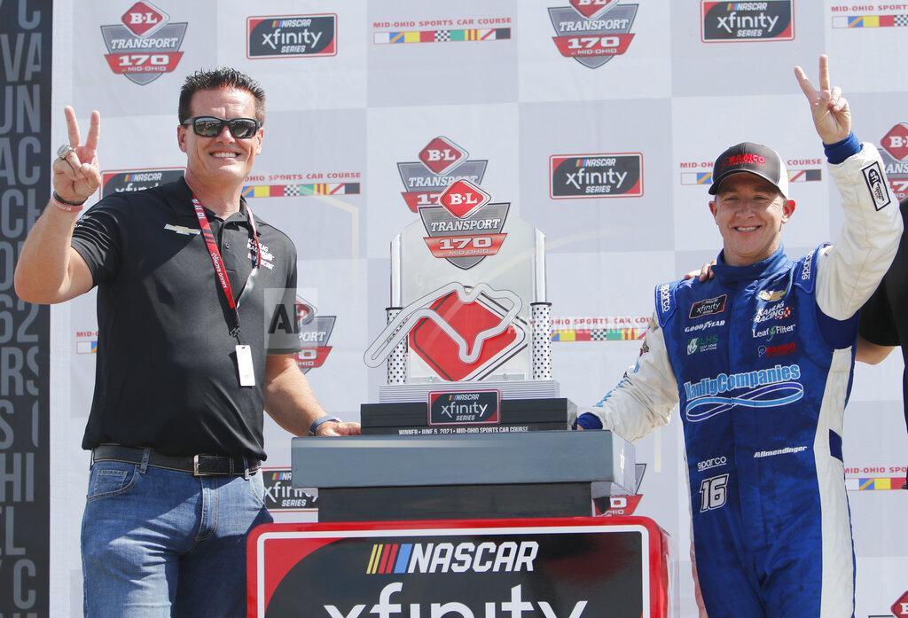 Tom E. Puskar FILE - In this Saturday, June 5, 2021, file photo, car owner Matt Kaulig, left, celebrates with A.J. Allmendinger in Victory Lane after winning the NASCAR Xfinity Series auto race at Mid-Ohio Sports Car Course in Lexington, Ohio. Kaulig Racing has purchased two charters from Spire Motorsports and will move to NASCAR's Cup Series next year with a full-time ride for Justin Haley and select races for AJ Allmendinger. (AP Photo/Tom E. Puskar)