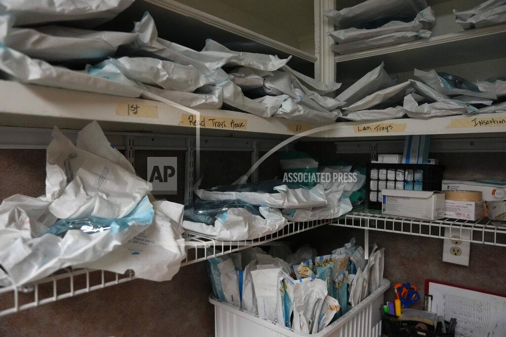 Rebecca Blackwell Sealed trays of surgical tools sit on storage shelves ahead of the arrival of women seeking abortions, Saturday, Oct. 9, 2021, in Shreveport, La. The nation's most restrictive abortion law is driving many women from Texas to seek services in neighboring states. (AP Photo/Rebecca Blackwell)